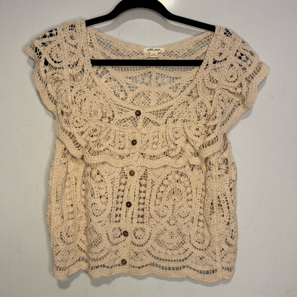 Ultra Pink- Cream Boho Crochet Lace Button-Front Top - Size M